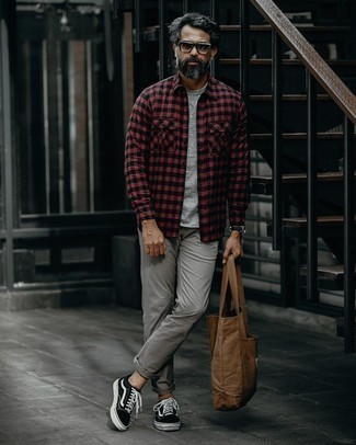 Men's Burgundy Gingham Long Sleeve Shirt, Grey Crew-neck T-shirt, Grey Jeans, Black and White Canvas Low Top Sneakers