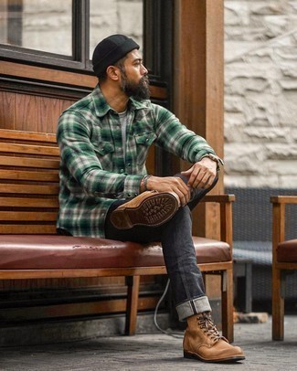 Men's Dark Green Plaid Flannel Long Sleeve Shirt, Grey Crew-neck T-shirt, Charcoal Jeans, Brown Leather Casual Boots