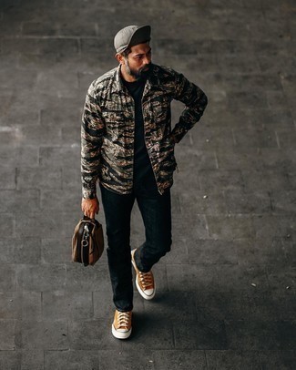 Tobacco Canvas Low Top Sneakers Outfits For Men: Why not rock a black camouflage long sleeve shirt with black jeans? As well as totally practical, both of these pieces look great worn together. Add tobacco canvas low top sneakers to your look and the whole ensemble will come together.