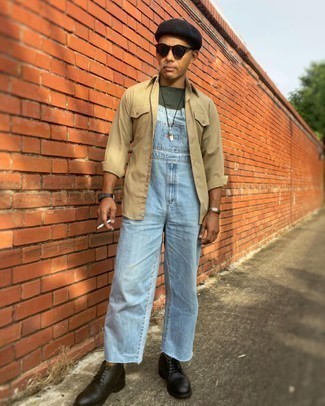 Overalls Outfits For Men: Combining a tan long sleeve shirt with overalls is a comfortable option. If you want to immediately polish off your look with one piece, complement your outfit with black leather desert boots.