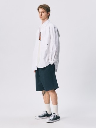 Men's White Long Sleeve Shirt, White Print Crew-neck T-shirt, Navy Shorts, Black and White Canvas Low Top Sneakers