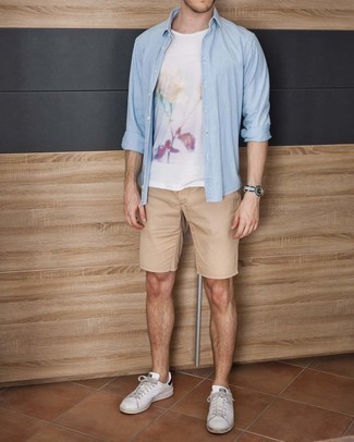 Men's Light Blue Long Sleeve Shirt, White Print Crew-neck T-shirt, Tan Shorts, White and Black Leather Low Top Sneakers