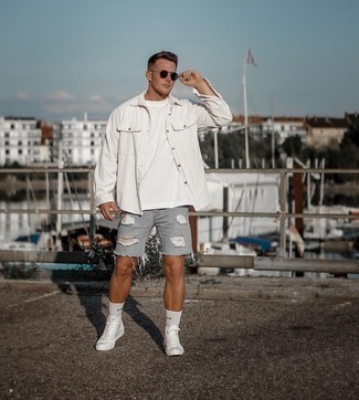 White and Black Socks with Grey Ripped Denim Shorts Relaxed Warm Weather  Outfits For Men (3 ideas & outfits) | Lookastic