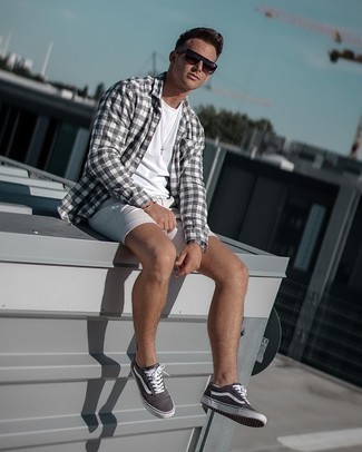 Men's Grey Gingham Long Sleeve Shirt, White Crew-neck T-shirt, White Shorts, Charcoal Canvas Low Top Sneakers