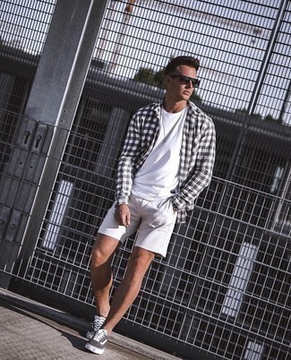Men's White and Black Gingham Long Sleeve Shirt, White Crew-neck T-shirt, White Shorts, Dark Brown Canvas Low Top Sneakers