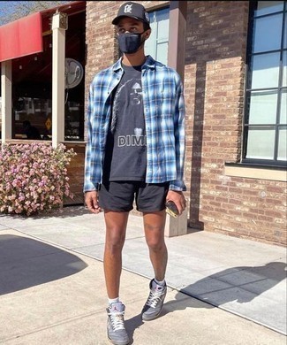 White and Blue Plaid Long Sleeve Shirt Outfits For Men: If you're seeking to take your casual fashion game to a new height, pair a white and blue plaid long sleeve shirt with black shorts. Rev up this whole ensemble by finishing off with grey canvas high top sneakers.