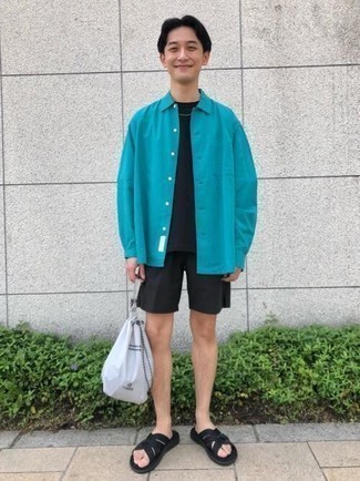 Aquamarine Long Sleeve Shirt Outfits For Men: This pairing of an aquamarine long sleeve shirt and black shorts is very versatile and really apt for whatever the day throws at you. Add a more laid-back vibe to by slipping into a pair of black canvas sandals.