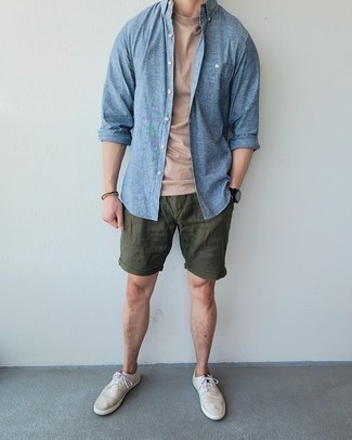 Men's Blue Chambray Long Sleeve Shirt, Tan Crew-neck T-shirt, Olive Shorts, Grey Canvas Low Top Sneakers
