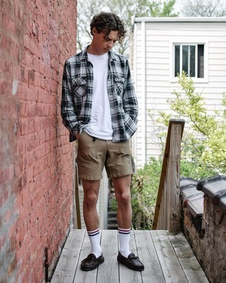 White Horizontal Striped Socks Outfits For Men: If you're a fan of contemporary style, why not try this pairing of a grey plaid long sleeve shirt and white horizontal striped socks? To give this ensemble a dressier touch, complete your getup with a pair of dark brown leather boat shoes.