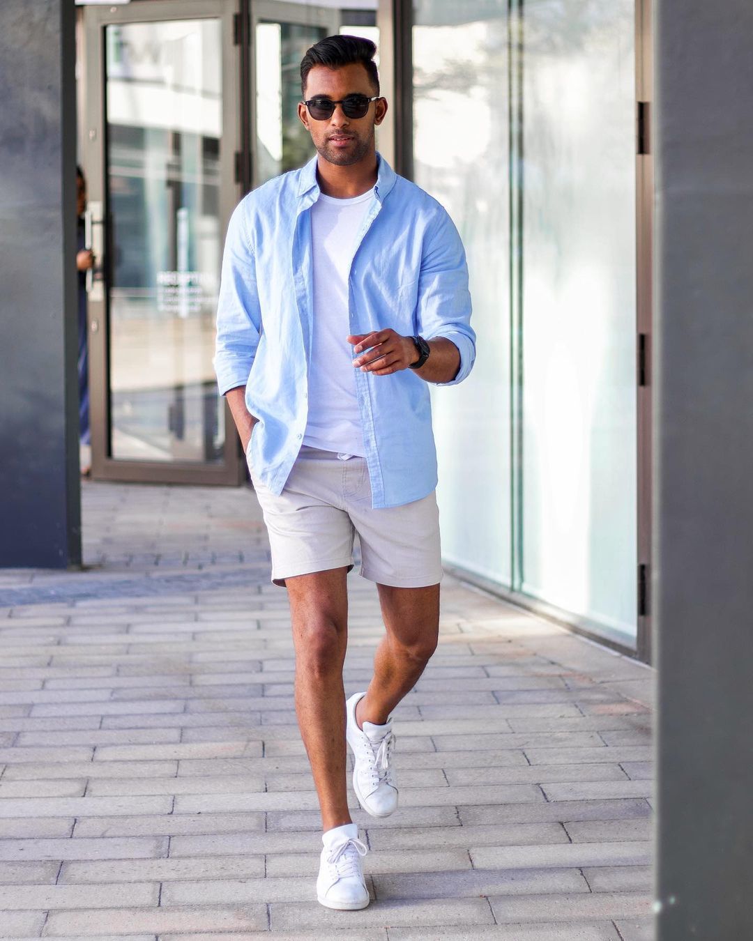Men's White Long Sleeve Shirt, Light Blue Denim Shorts, White Low Top  Sneakers, Black Sunglasses