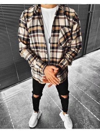 Black Ripped Skinny Jeans Outfits For Men: This combination of a beige plaid flannel long sleeve shirt and black ripped skinny jeans is ideal for off-duty settings. Inject this look with a dose of refinement with white leather low top sneakers.