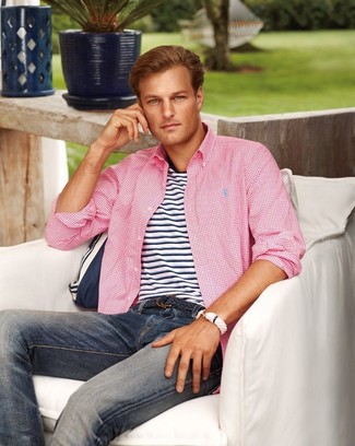 Men's Pink Gingham Long Sleeve Shirt, White and Navy Horizontal Striped Crew-neck T-shirt, Navy Skinny Jeans, Navy Woven Leather Belt