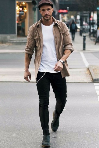 Dark Brown Long Sleeve Shirt Outfits For Men: Teaming a dark brown long sleeve shirt and black skinny jeans will cement your expertise in menswear styling even on lazy days. You know how to dress it up: charcoal suede chelsea boots.