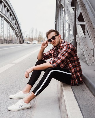 Men's Red and Black Plaid Long Sleeve Shirt, Black Crew-neck T-shirt, Black and White Skinny Jeans, White Leather Low Top Sneakers