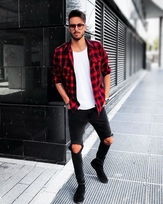 Men's Red Gingham Flannel Long Sleeve Shirt, White Crew-neck T-shirt, Black Ripped Skinny Jeans, Black Suede Chelsea Boots