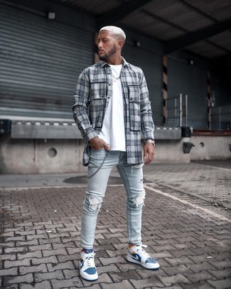 Men's Grey Plaid Flannel Long Sleeve Shirt, White Crew-neck T-shirt, Light Blue Ripped Skinny Jeans, White and Navy Leather High Top Sneakers