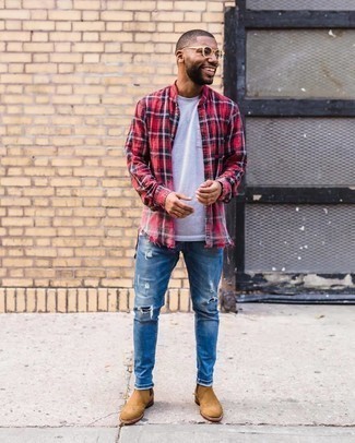 Men's Red Plaid Long Sleeve Shirt, Grey Crew-neck T-shirt, Blue Ripped Skinny Jeans, Tan Suede Chelsea Boots