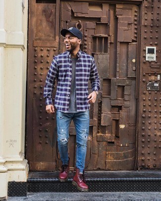 Men's White and Red and Navy Plaid Long Sleeve Shirt, Charcoal Crew-neck T-shirt, Blue Ripped Skinny Jeans, Burgundy Leather Casual Boots