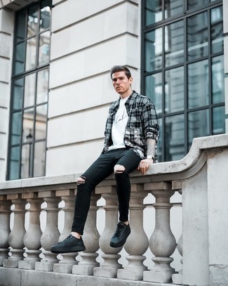 Black and White Plaid Long Sleeve Shirt Outfits For Men: Why not go for a black and white plaid long sleeve shirt and black ripped skinny jeans? These items are super functional and look awesome when worn together. Change up your look with a classier kind of shoes, such as this pair of black leather low top sneakers.