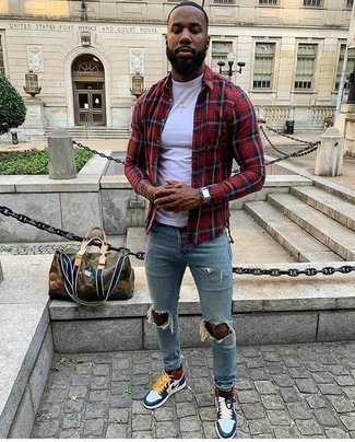 Men's Red Plaid Long Sleeve Shirt, White Crew-neck T-shirt, Light Blue Ripped Skinny Jeans, Multi colored Leather High Top Sneakers