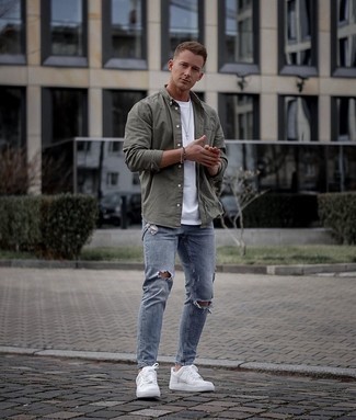 Men's Olive Long Sleeve Shirt, White Crew-neck T-shirt, Light Blue Ripped Skinny Jeans, White Leather Low Top Sneakers