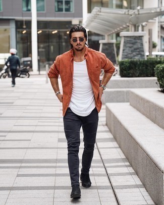 Charcoal Skinny Jeans Outfits For Men: Why not go for an orange long sleeve shirt and charcoal skinny jeans? Both items are totally comfortable and will look awesome when married together. Black suede chelsea boots will take your ensemble down a more sophisticated path.