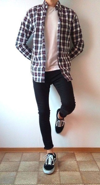Men's Burgundy Plaid Long Sleeve Shirt, Beige Crew-neck T-shirt, Black Skinny Jeans, Black and White Canvas Low Top Sneakers