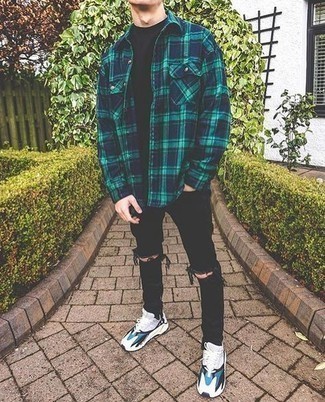 Men's Navy and Green Plaid Flannel Long Sleeve Shirt, Black Crew-neck T-shirt, Black Ripped Skinny Jeans, White and Blue Athletic Shoes