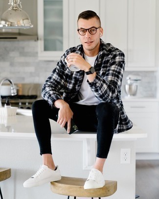 Men's Black and White Plaid Long Sleeve Shirt, White Crew-neck T-shirt, Black Skinny Jeans, White Leather Low Top Sneakers