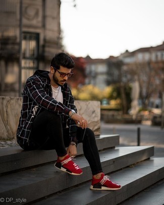 Black Plaid Long Sleeve Shirt Outfits For Men: A black plaid long sleeve shirt and black skinny jeans are a cool outfit to incorporate into your current collection. Finish off this look with red and white athletic shoes to serve a little mix-and-match magic.