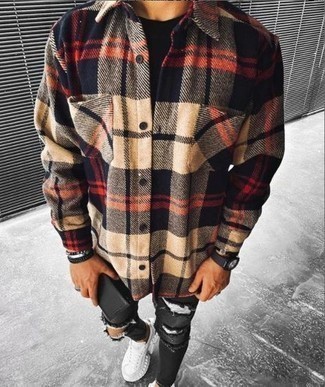 Multi colored Plaid Flannel Long Sleeve Shirt Outfits For Men: One of the best ways for a man to style a multi colored plaid flannel long sleeve shirt is to combine it with black ripped skinny jeans for a laid-back combo. Introduce white athletic shoes to the mix and the whole outfit will come together.