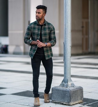 Brown Boots with Black Skinny Jeans Outfits For Men: Try teaming a dark green plaid long sleeve shirt with black skinny jeans to be both casual and seriously stylish. Rounding off with a pair of brown boots is a guaranteed way to add an extra dimension to this look.