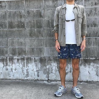 Light Blue Athletic Shoes Outfits For Men: For comfort dressing with an edgy finish, try pairing a grey long sleeve shirt with navy print sports shorts. Bring an element of stylish casualness to with light blue athletic shoes.