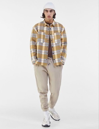 Men's Yellow Plaid Flannel Long Sleeve Shirt, Brown Crew-neck T-shirt, Beige Sweatpants, White Athletic Shoes