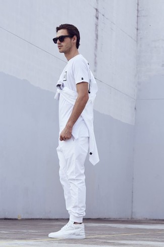 Men's White Long Sleeve Shirt, White and Black Print Crew-neck T-shirt, White Sweatpants, White Low Top Sneakers