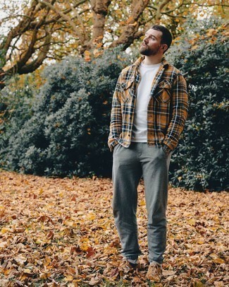 Grey Sweatpants with Yellow Plaid Shirt Outfits For Men (2 ideas