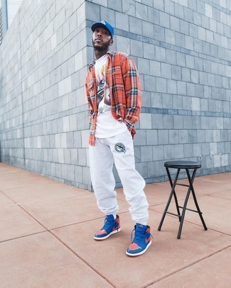 Red and Navy High Top Sneakers Outfits For Men: This combo of an orange plaid long sleeve shirt and grey sweatpants speaks versatility and stylish comfort. Add red and navy high top sneakers to the equation et voila, the ensemble is complete.