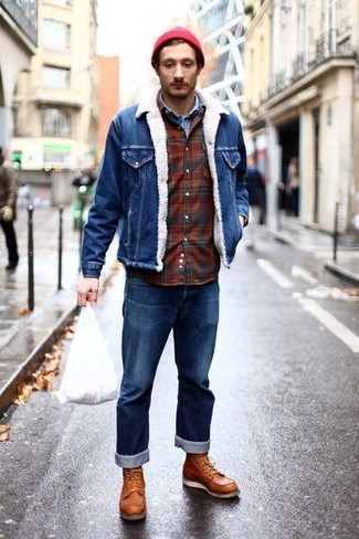 Burgundy Plaid Flannel Long Sleeve Shirt Outfits For Men: 