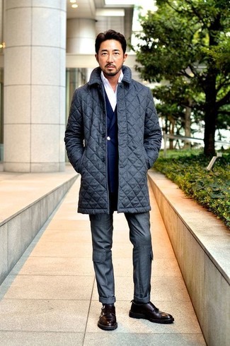 Charcoal Quilted Overcoat Outfits: 