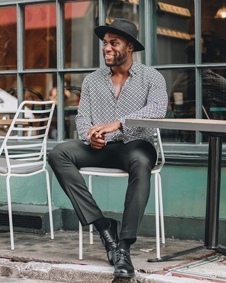 Men's White and Black Print Long Sleeve Shirt, Charcoal Dress Pants, Black Leather Derby Shoes, Black Wool Hat
