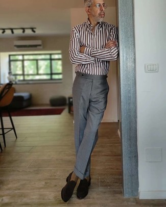 Grey Dress Pants Outfits For Men: Pairing a brown vertical striped long sleeve shirt with grey dress pants is an awesome option for a stylish and sophisticated outfit. To give your overall look a smarter twist, add a pair of dark brown suede loafers to the equation.