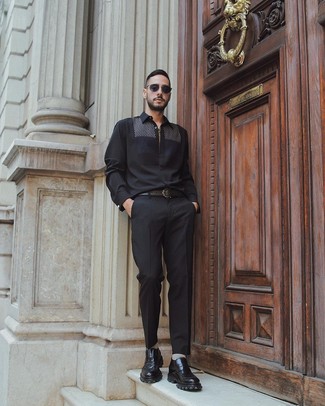 Black Chunky Leather Loafers Outfits For Men: One of the smartest ways to style such an essential piece as a black long sleeve shirt is to wear it with black dress pants. A cool pair of black chunky leather loafers pulls this look together.