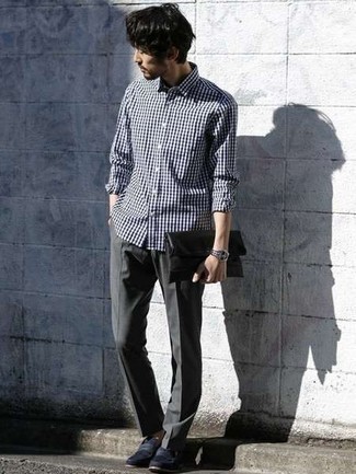 Men's White and Black Gingham Long Sleeve Shirt, Charcoal Dress Pants, Navy Suede Loafers, Black Leather Zip Pouch