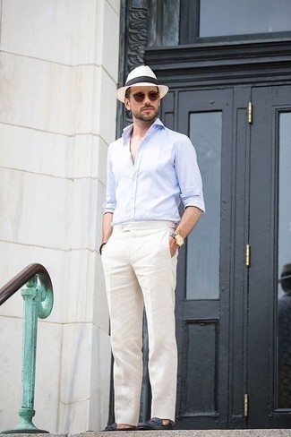 Men's Light Blue Long Sleeve Shirt, White Dress Pants, Black Leather Loafers, White Straw Hat