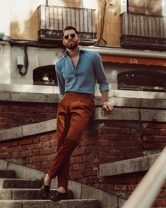 Aquamarine Long Sleeve Shirt with Dress Pants Dressy Warm Weather Outfits For Men: Wear an aquamarine long sleeve shirt with dress pants for a chic and classy look. Look at how nice this look goes with dark brown leather loafers.