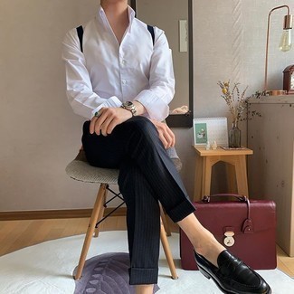 Navy Suspenders Outfits: Pair a white long sleeve shirt with navy suspenders for an ensemble that's both street style and practical. Why not complement this outfit with black leather loafers for an added touch of style?