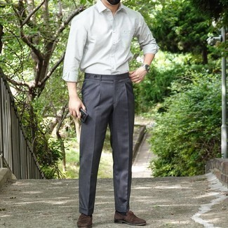 Men's White Long Sleeve Shirt, Charcoal Dress Pants, Dark Brown Suede Loafers, Silver Watch