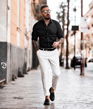 napkin Intense drawer White Pants with Black Shirt Dressy Summer Outfits For Men In Their 30s (5  ideas & outfits) | Lookastic