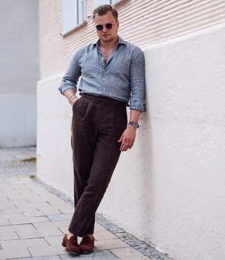 Blue Horizontal Striped Watch Outfits For Men: This combination of a grey linen long sleeve shirt and a blue horizontal striped watch is proof that a pared down off-duty ensemble doesn't have to be boring. Complete your getup with a pair of dark brown suede tassel loafers for a dose of polish.