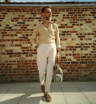 Olive Canvas Briefcase Outfits: For a cool and casual getup, consider wearing a beige long sleeve shirt and an olive canvas briefcase — these pieces work pretty good together. Rev up your whole outfit by sporting dark brown leather tassel loafers.